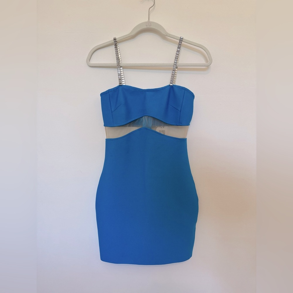 Bella Barnett Blue dress, rhinestone straps & see through mid section - Size M